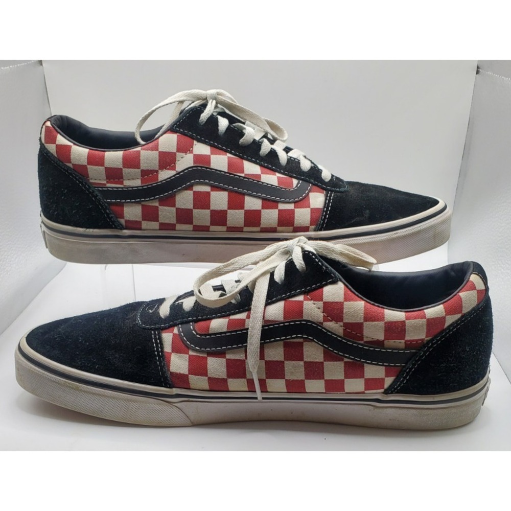 Vans Old Skool Red White Checkerboard Black Suede Skate Shoes Men's Size 12